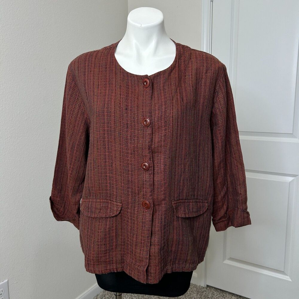 Flax Linen Plaid Jacket Woven Textured Button Front Pockets Lagenlook Medium